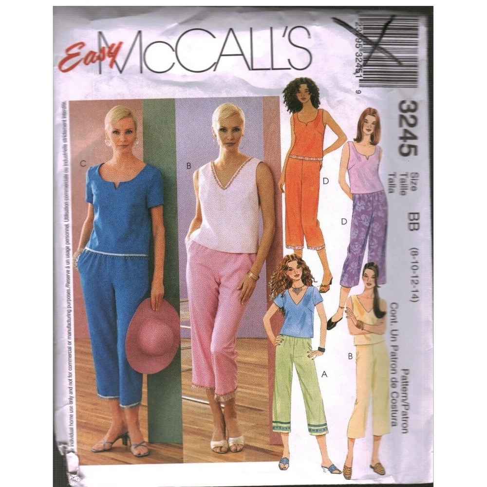 3245 McCalls SEWING Pattern Misses Easy Summer Tops Pull on Pants 8-14 Cut